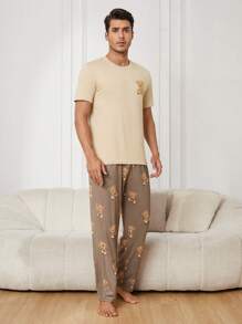 Men's Cartoon Bear Patterned Short Sleeve Pullover Top And Long Pants Homewear Set