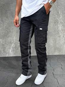 Manfinity Homme Men's Pocket Design Pants Straight Leg Cargo Color Block Going Out Boyfriend Gift - Black - View 1
