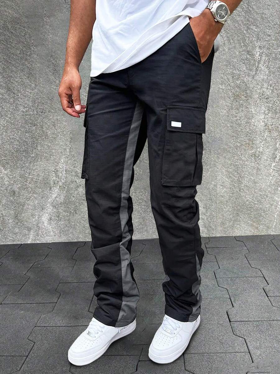 Manfinity Homme Men's Pocket Design Pants Straight Leg Cargo Color Block Going Out Boyfriend Gift - Black - View 1