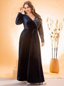 Women's Large Size V-Neck Asymmetrical Cross Sequin Embroidered Stitching Velvet A-Line Long Dress