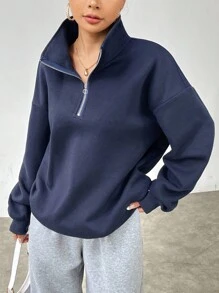 SHEIN Unity 純色下垂肩絨布運動衫 - 藏蓝色 - 查看 6