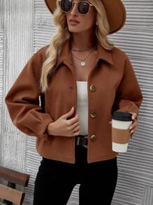 SHEIN LUNE Women's Notched Lapel Drop Shoulder Woolen Coat - Khaki - View 4