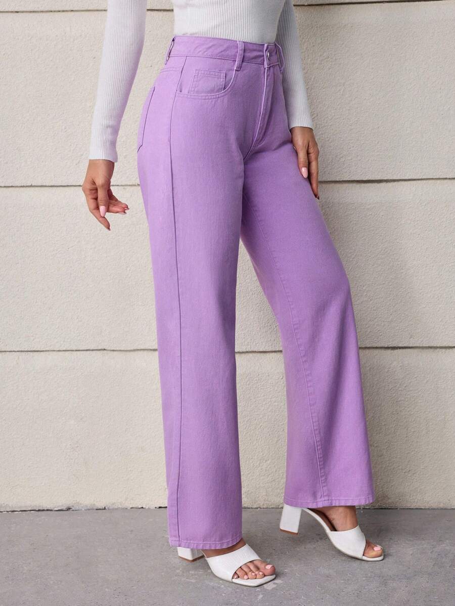 SHEIN LUNE 紫色高腰直筒牛仔褲 - 中紫紅色 - 查看 1