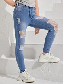 Tween Girl Fashion Washed Slant Pocket Ripped Jeans - Medium Wash - View 5