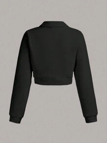 少女貼身短款拉鍊運動衫,配有褶邊細節 - 黑色 - 查看 2