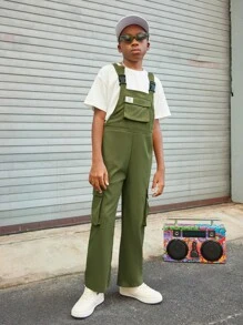 SHEIN Niño preadolescente 1 pieza mono overol con diseño de bolsillo con solapa - Verde militar - Ver 4