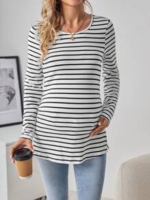 SHEIN Maternity Striped Side Slit T-shirt - White - View 4