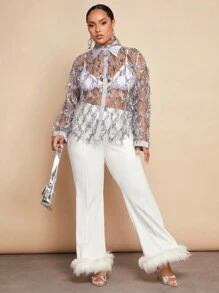 SHEIN BAE 聖誕大碼亮片裝飾流蘇邊前紐扣襯衫不附胸罩 - 灰色 - 查看 3