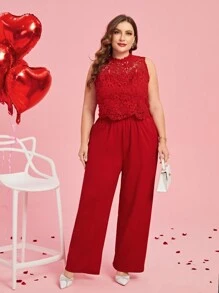 SHEIN Clasi 加大號凝膠蕾絲背心和寬腿褲 - 紅色 - 查看 6