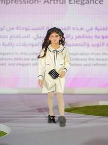 女童學院風長袖針織毛衣洋裝秋冬 - 杏色 - 查看 4