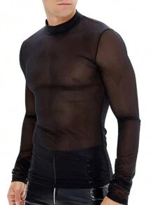 男士性感網眼長袖t恤 - 黑色 - 查看 1