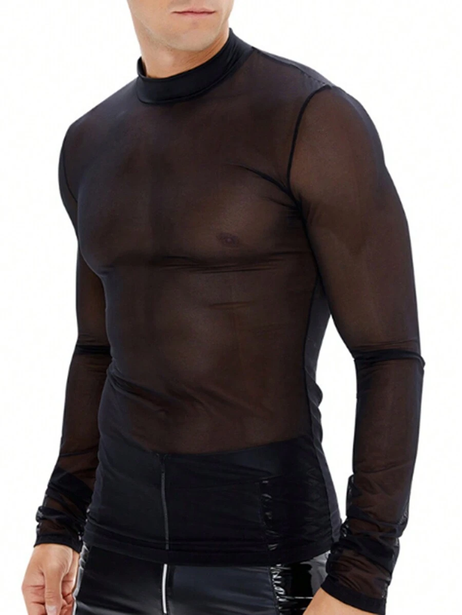 男士性感網眼長袖t恤 - 黑色 - 查看 1