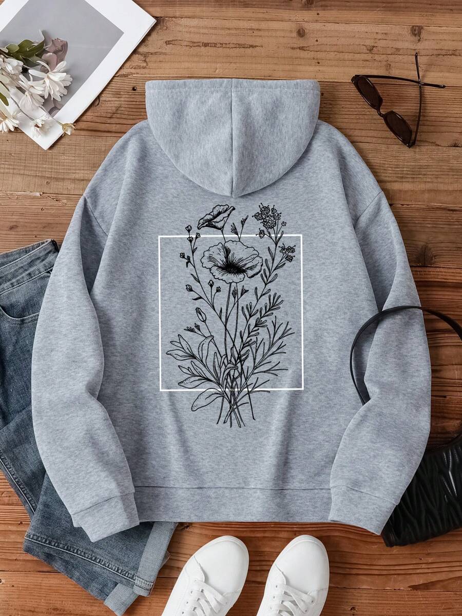 SHEIN EZwear Của phụ nữ Trở lại In hoa Áo nỉ có mũ - Xám - Xem 1