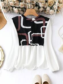 SHEIN LUNE Plus Size Geometric Printed Color Block Lantern Sleeve Top - Multicolor - View 2