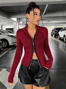 SHEIN PETITE Mẫu sọc Tay Raglan Dây kéo Áo len Mở - Nhiều màu - Xem 6