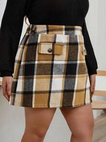 SHEIN CURVE+ 大碼格紋印花翻蓋細節半身裙 - 彩色 - 查看 2
