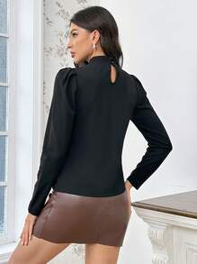 SHEIN Privé Của phụ nữ Kết cườm Đứng cổ áo Tay áo dài Áo thun - màu đen - Xem 2