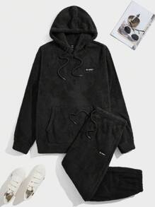 EASEVO Men Plus Letter Patched Kangaroo Pocket Drawstring Flannel Hoodie & Pants - Black - View 1