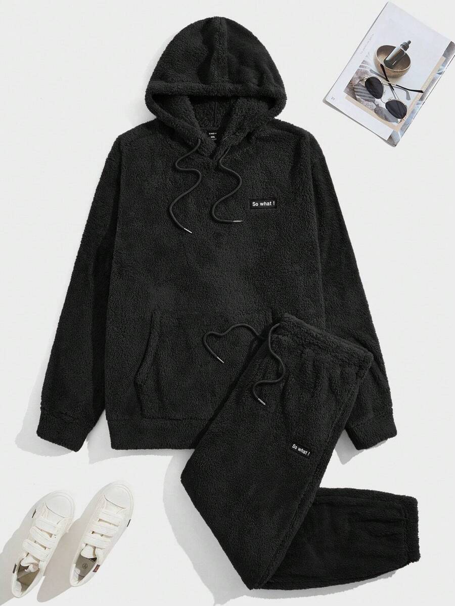 EASEVO Men Plus Letter Patched Kangaroo Pocket Drawstring Flannel Hoodie & Pants - Black - View 1