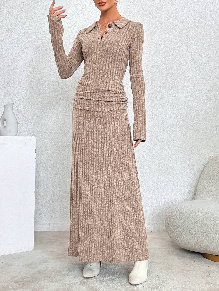 Women's Ribbed Collar T-shirt And Skirt Set