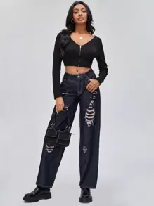 NAJILARAQUELDESIGNS Designer Women High Waist Ripped Straight Leg Cowgirl Jeans, For Holiday, Festival - Navy Blue - View 1