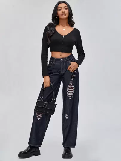 NAJILARAQUELDESIGNS Designer Women High Waist Ripped Straight Leg Cowgirl Jeans, For Holiday, Festival