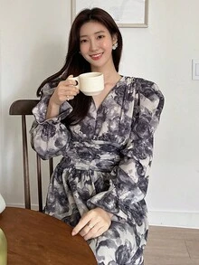 DAZY 女士花卉印花燈籠袖連衣裙 - 灰色 - 查看 6