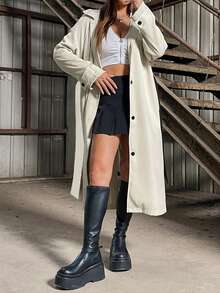 SHEIN Unity Solid Color Belted Coat - Khaki - View 5