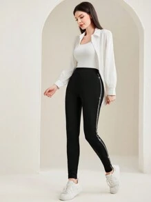 Mulvari Contrast Color Mesh Panel Textured Leggings - Black - View 6