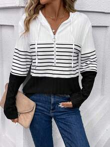 SHEIN LUNE In sọc Một nửa khóa kéo Dây rút áo có mũ Áo thun - Nhiều màu - Xem 3