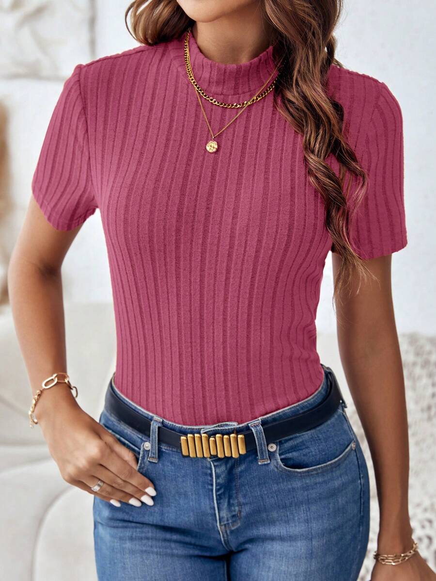 SHEIN Clasi Mock Neck Ribbed Knit Tee - Hot Pink - View 1