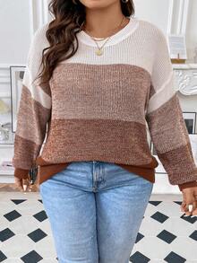 SHEIN CURVE+ Hơn Khối màu Thả vai Áo len - Cà phê nâu - Xem 5