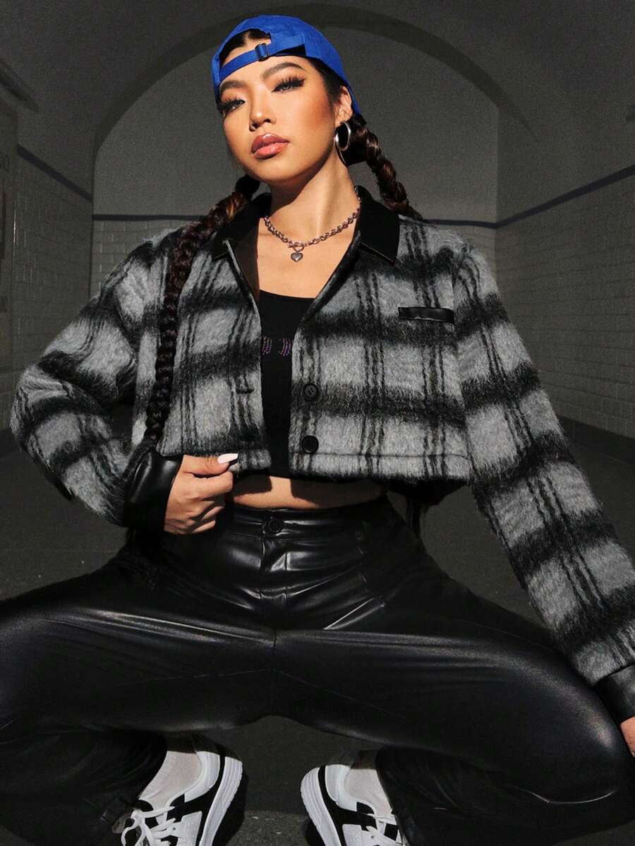 SHEIN EZwear Women's Plus Size Short Plaid Jacket - Multicolor - View 1