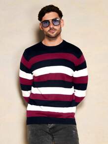 SHEIN Cottnline Men's Simple Striped Color Block Round Neck Sweater - Burgundy - View 3