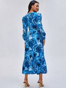 Hena 设计师大理石印花灯笼袖荷叶边下摆优雅连衣裙，适合假期 - 彩色 - 查看 2