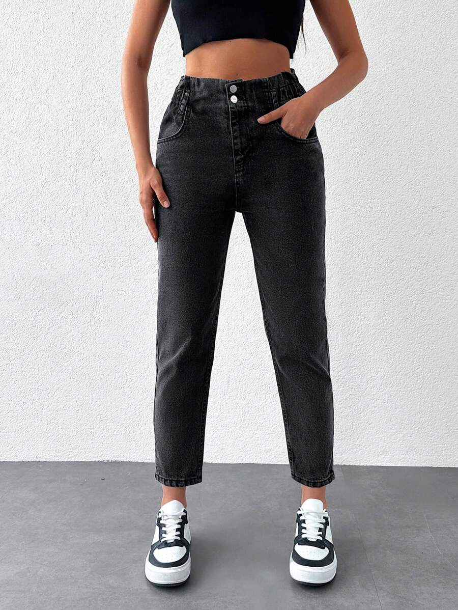 RueChic Women'S Button Front Cropped Denim Jeans - Dark Grey - View 1