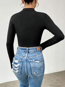 SHEIN Unity 女士高領荷葉邊毛茸茸內裡長袖t恤 - 黑色 - 查看 2