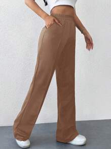 Cloudara Solid Color Elastic Waist Wide Leg Pants - Beige - View 4
