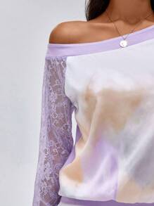 MCiro Designer Batik Kontrast Spitze Raglanärmel Oberteil, für Urlaub, Ausflug, Frühling, Ausgehen, Festival, Ibiza Passform