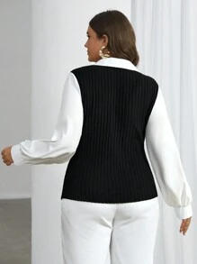 Firerie Plus Size Contrast Color Ribbed Knitting & Mesh Panel Splicing Turn-down Collar Women's Top - Black and White - View 2
