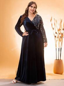 Women's Large Size V-Neck Asymmetrical Cross Sequin Embroidered Stitching Velvet A-Line Long Dress