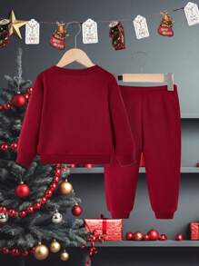 嬰兒女童聖誕印花衛衣和運動褲 - 酒紅色 - 查看 2