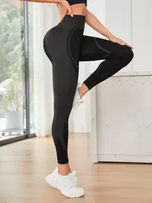 Running 無縫高腰運動緊身褲 - 黑色 - 查看 1