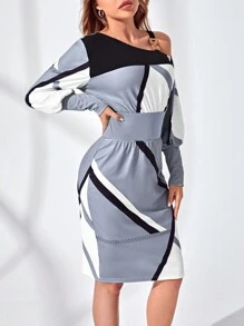 SHEIN Clasi Colorblock Asymmetrical Neck Lantern Sleeve Dress - Multicolor - View 5