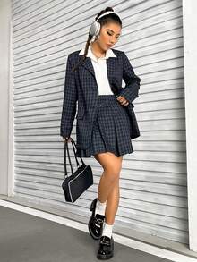 SHEIN Unity 格紋單排釦西裝外套和帶扣裝飾的百褶裙 - 藏蓝色 - 查看 6