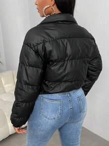 Slaydiva Abrigo acolchado con cremallera delantera, mangas caídas, cordón ajustable en el dobladillo - Negro - Ver 4