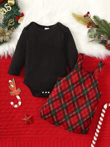 Giáng sinh Em bé Cô gái Bộ Với Vòng cổ Sọc Áo liền quần chặt Và Váy yếm - Đỏ - Xem 2