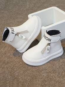 Children's Boots, Fashionable & Casual Autumn New Flat Ankle Boots For Girls, Solid Color, Low-Cut, Hook And Loop, Unisex Everyday Simple Round-Toe Boots With Side Zipper - White - View 4