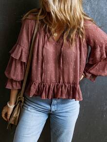 Chấm Swiss tay áo lá sen Viền Ruffle Cà vạt Áo sơ mi Peplum - Đỏ - Xem 4