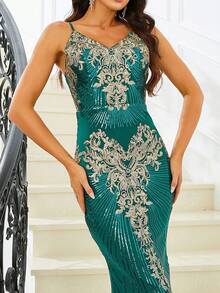 Missord 女士花朵刺繡和鏈珠細節晚禮服,綁帶上的花樣繡 - 綠色 - 查看 3